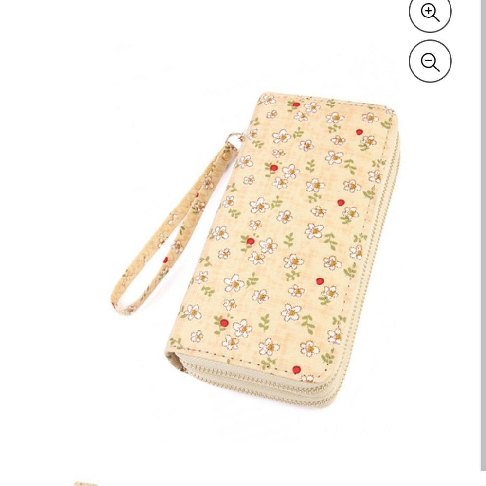 Beige Floral Double Zipper Wallet Clutch Organizer